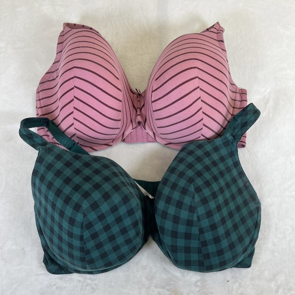 2) Cacique Lightly Lined Full Coverage Bras 44G Underwire PinkStrp GrnChk Chrty